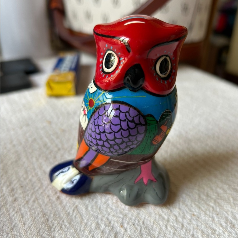 Colorful Ceramic Owl Figurine hand-painted Mexican Talavera